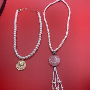 Lot of 2 White Beaded Quartz & Gold Tone Pendant Necklaces